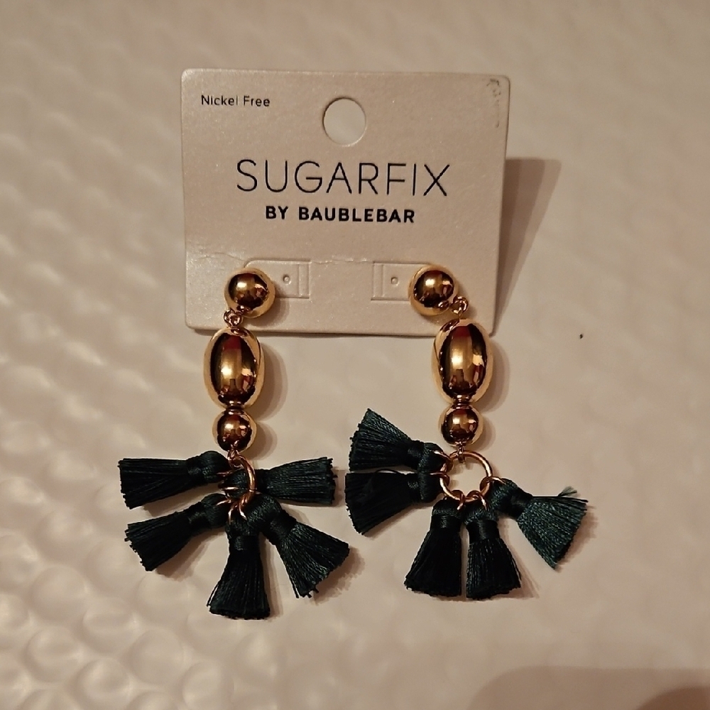 BaubleBar Gold and Green Tassel Earrings, NWT